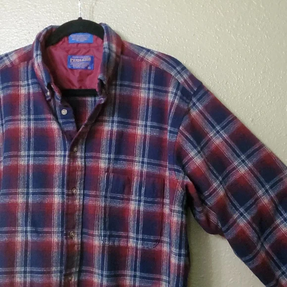 PENDLETON Mens Sz XL Plaid Wool Long Sleeve Button Down Shirt Blue Red Washable - Picture 3 of 9